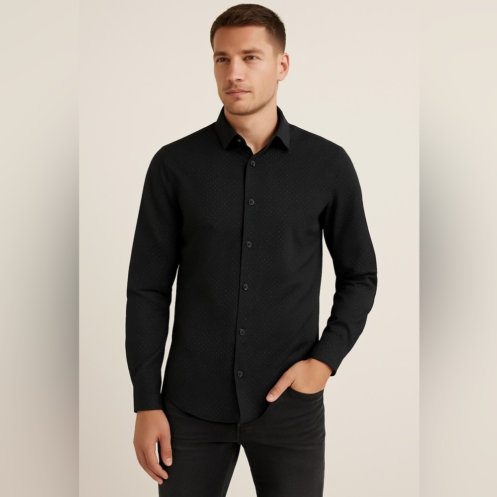 H&M Men’s Slim Fit Black Micro Dot Dress Shirt – Size M